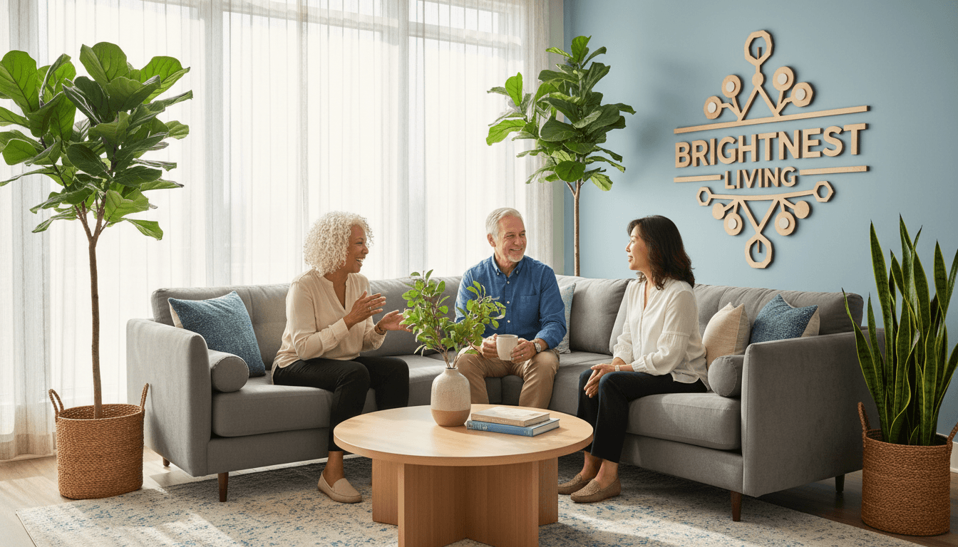 Three adults sitting together on a sofa in warm natural light, engaged in comfortable conversation in a modern living room