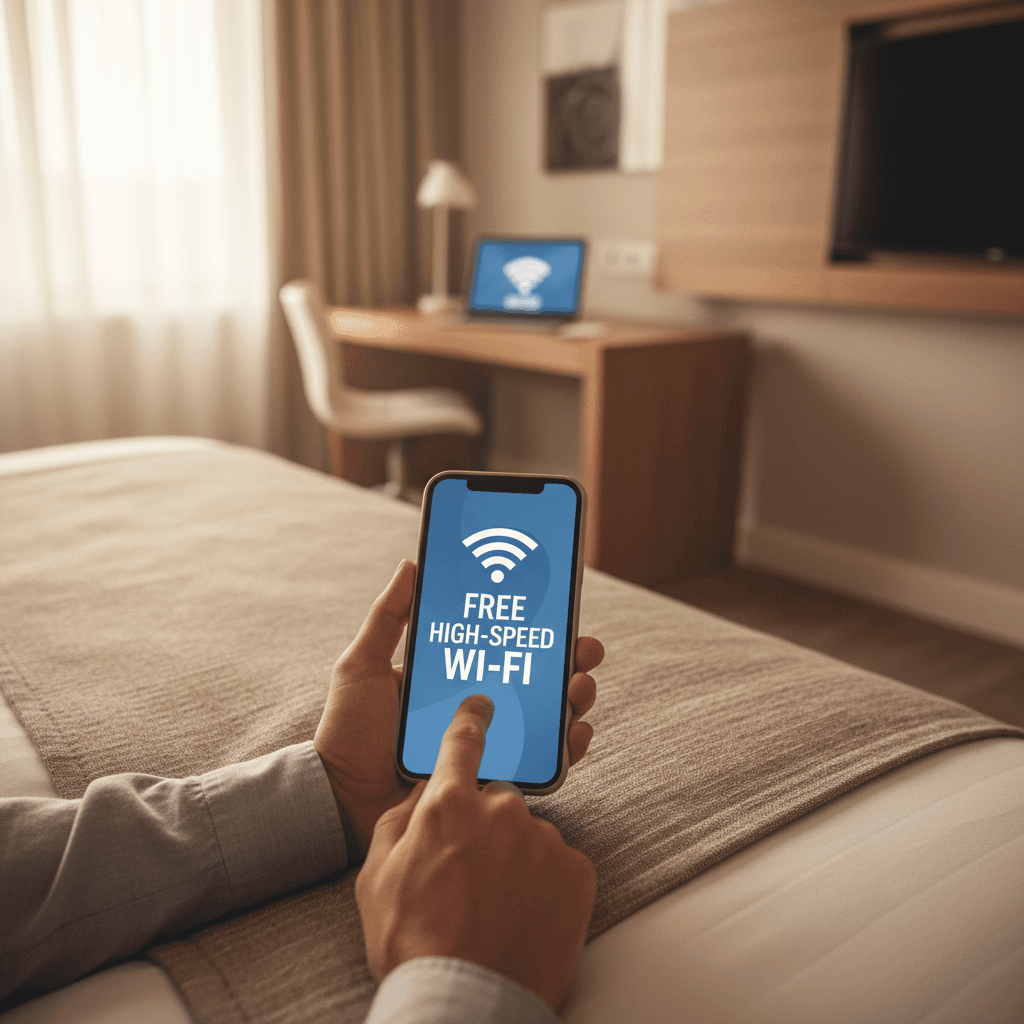 Guest hands holding smartphone to access hotel complimentary Wi-Fi while relaxing on comfortable bed