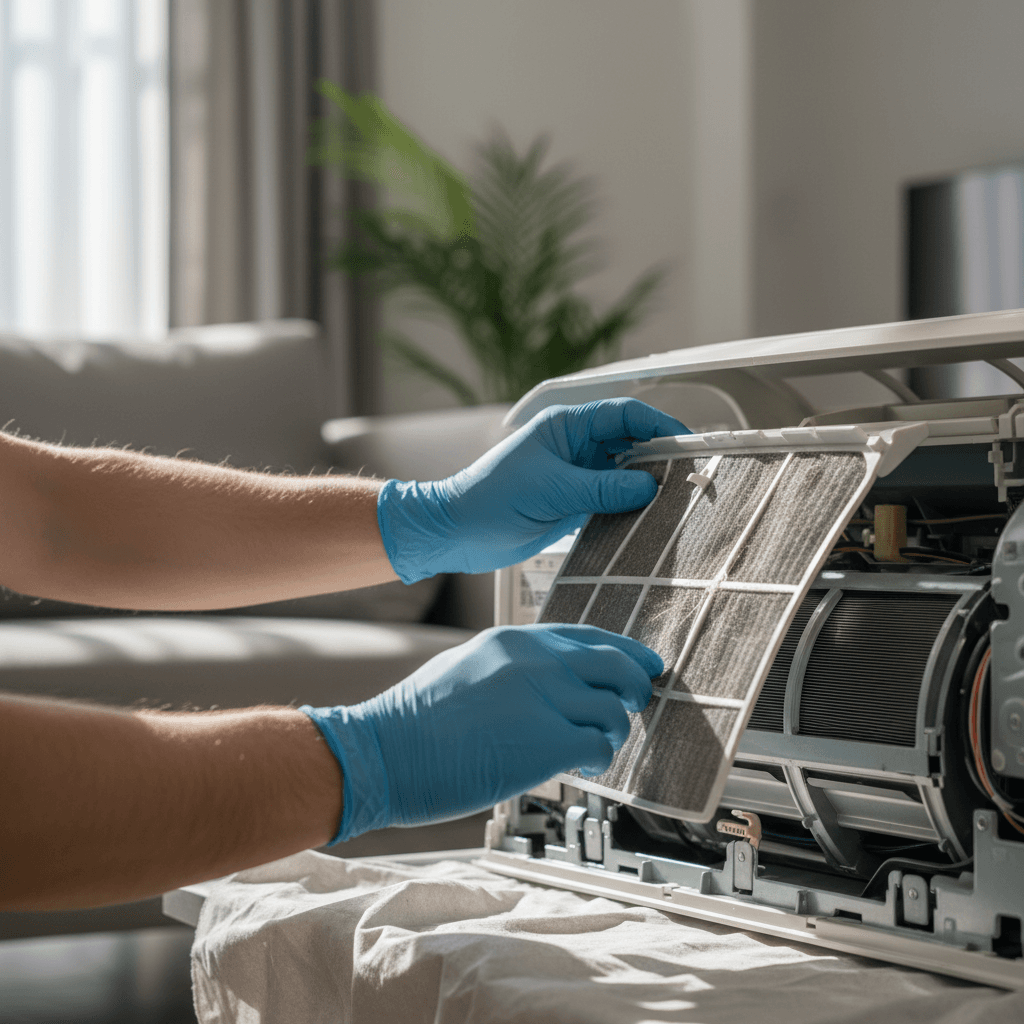 HVAC technician's hands performing filter maintenance on mini-split indoor unit during routine service