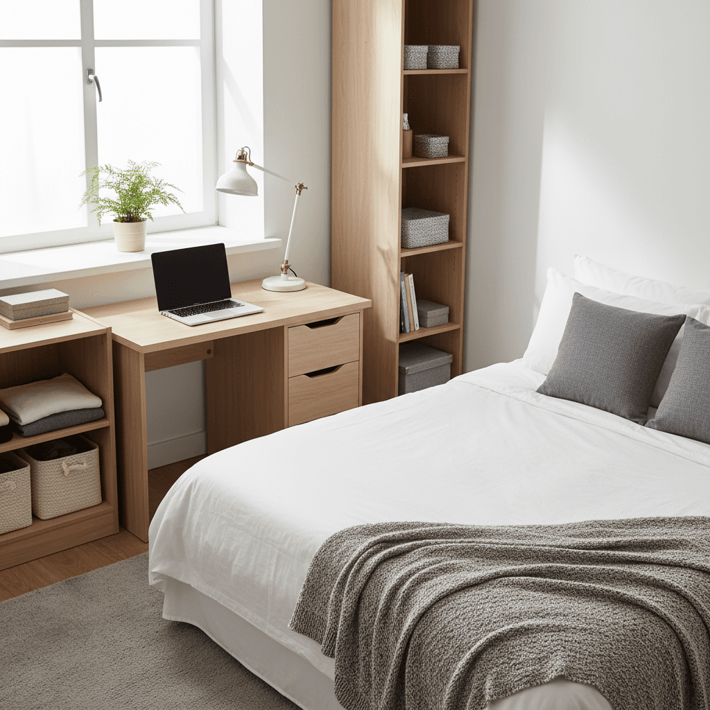 Bright furnished studio apartment showing neatly made bed, desk, and storage in organized minimal space
