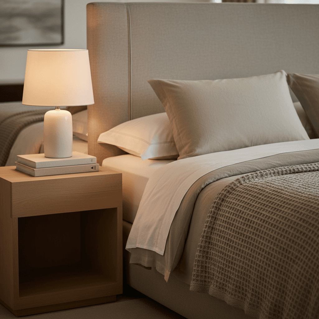 Luxury bedroom corner detail with layered cream linens, wooden nightstand, and warm ambient lighting